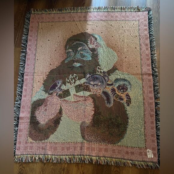Vintage Christmas Santa Tapestry Throw Blanket raggedy Ann doll teddy bear - Picture 3 of 3